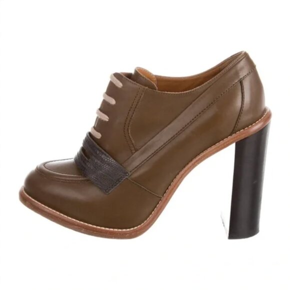 Chloé Round-Toe Oxford Booties Two Tone Olive brown leather Women's Size 7.5 - Picture 1 of 7